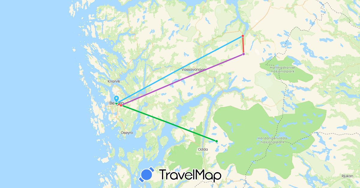 TravelMap itinerary: driving, bus, train, hiking, boat in Norway (Europe)